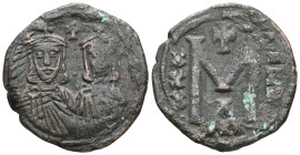 Byzantine Michael II with Theophilus AD 820-829. Constantinople Follis Æ . MIXA-HL S ΘEOFI; Michael, wearing crown and chlamys with short beard on the...