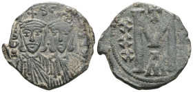 Byzantine Michael II with Theophilus AD 820-829. Constantinople Follis Æ . MIXA-HL S ΘEOFI; Michael, wearing crown and chlamys with short beard on the...