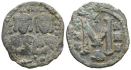 Byzantine Michael II with Theophilus AD 820-829. Constantinople Follis Æ . MIXA-HL S ΘEOFI; Michael, wearing crown and chlamys with short beard on the...