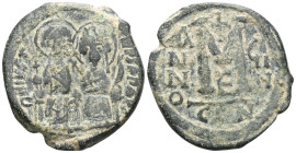 Byzantine Justin II and Sophia AD 565-578. Constantinople Follis Æ . D N VSTINVS P P AV, Justin left and Sophia right, seated facing on double-throne,...
