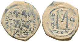Byzantine Justin II and Sophia AD 565-578. Constantinople Follis Æ. D N VSTINVS P P AV, Justin left and Sophia right, seated facing on double-throne, ...