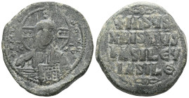 Byzantine Anonymous, time of Basil II & Constantine VIII, circa 970-1025. Follis (Bronze), Class A2, Constantinople. +EMMANOVHΛ / IC - XC Bust of Chri...
