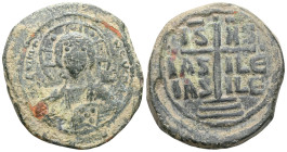 Byzantine Anonymous. Class B. Romanus III. AE, Follis (Bronze) Constantinople. Anonymous. Class B. 1028-1034 AD. Obv: + EMM[A NOVHΛ] / IC X[C], Bust o...