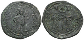 Byzantine Constantine X Ducas, AE, Follis (Bronze) Constantinople. 1059-1067 AD. Obv: + EM[MA] NO[VHA], Christ standing facing on footstool, wearing n...