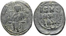 Byzantine Anonymous Folles, time of Constantine IX, circa 1042-1055. Follis (Bronze), Constantinopolis. Christ seated facing on square-backed throne. ...