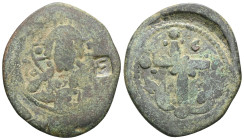 COUNTERMARKED COPPER: AE follis , Anonymous, time of Constantine IX, circa 1042-1055.Rev. -+-/ IS XS/ ЬASILE / ЬASIL/ - (crescent) - in five lines. DO...