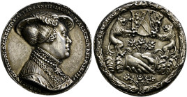 Baden-Baden. Jakoba 1507-1580. 
Silbermedaille 1534 nach Matthes Gebel. Brustbild der Pfalzgräfin mit Hut nach rechts / Zwei Löwen halten das dreiget...