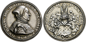 Baden-Baden. Jakoba 1507-1580. 
Silbermedaille 1560 unsigniert. Brustbild der Markgräfin mit Haube nach rechts / Das viergeteilte baden-sponheimische...