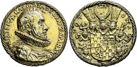 Baden-Baden. Philipp II. 1569-1588. 
Vergoldete Silbermedaille o.J. (vor 1584) von Balduin Drentwett (Augsburg). PHILIPPVS MARG.Z.BADE GRAF Z.SPAHAI....
