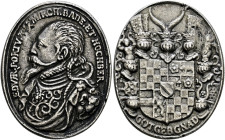 Baden-Baden. Eduart Fortunat 1588-1594-1600. 
Hochovale Silbermedaille o.J. unsigniert. Brustbild des Markgrafen im Harnisch nach links / Das siebenf...