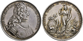 Baden-Baden. Ludwig Wilhelm (gen. "Türkenlouis") 1677-1707. 
Silbermedaille 1702 von Georg Hautsch, auf die Einnahme der Stadt und Festung Landau dur...