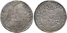 Baden-Durlach. Georg Friedrich 1604-1622. 
Kipper- 24 Kreuzer (= Sechsbätzner) 1621 -Pforzheim-. Gepanzertes Hüftbild des Markgrafen nach rechts, sei...