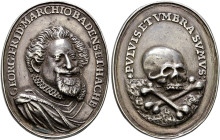 Baden-Durlach. Georg Friedrich 1604-1622. 
Hochovale Silbermedaille, sogen. Gnadenmedaille o.J. von Francois Briot. Brustbild des bärtigen Mark­grafe...