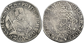 Baden-Durlach. Friedrich V. 1622-1659. 
1/2 Taler 1624 -Pforzheim-. Ähnlich wie vorher, nun jedoch mit Wertzahl 1/2 unter dem Hüftbild und ohne Münzm...