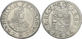 Baden-Durlach. Friedrich VII. Magnus 1677-1709. 
12 Kreuzer o.J. -Emmendingen-. Geharnischte und drapierte Büste nach rechts / Mehrfeldiges Wappen un...