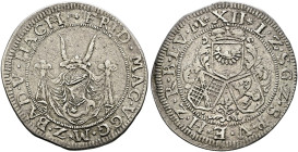 Baden-Durlach. Friedrich VII. Magnus 1677-1709. 
12 Kreuzer o.J. Hachberger Landwährung. Gekrönter Stechhelm mit Steinbockhörnern auf Wappen­mantel /...