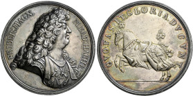 Baden-Durlach. Friedrich VII. Magnus 1677-1709. 
Silbermedaille o.J. (1688/89) unsigniert (wohl von J.G. Breuer), auf denselben Anlass. Brustbild im ...