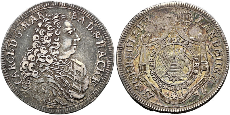 Baden-Durlach. Karl Wilhelm 1709-1738. 
30 Kreuzer 1736. Brustbild im drapierte...