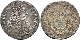 Baden-Durlach. Karl Wilhelm 1709-1738. 
30 Kreuzer 1736. Brustbild im drapierten Harnisch nach rechts / Auf gekröntem Wappenmantel dreiteiliger ovale...