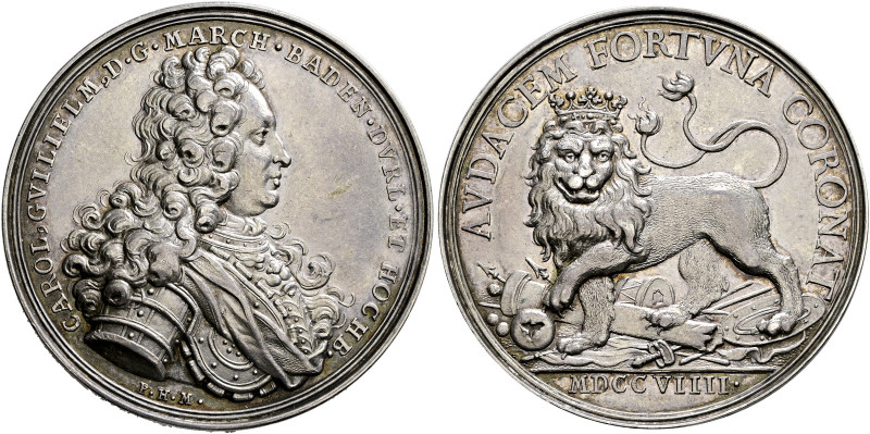 Baden-Durlach. Karl Wilhelm 1709-1738. 
Silbermedaille 1709 von P.H. Müller, au...