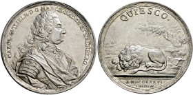 Baden-Durlach. Karl Wilhelm 1709-1738. 
Silbermedaille 1736 von Jean Dassier, auf das Basler Exil. Brustbild des Markgrafen im drapierten Harnisch na...