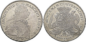 Baden-Durlach. Karl Friedrich 1746-1811. 
Konventionstaler 1766 -Durlach-. Brustbild des Markgrafen im drapierten Harnisch nach rechts / Von zwei Gre...