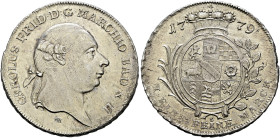 Baden-Durlach. Karl Friedrich 1746-1811. 
Konventionstaler 1779. Büste mit Zopfperücke nach rechts / Gekrönter, mehrfeldiger Wappenschild zwischen Lo...
