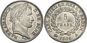 Baden-Durlach. Karl Friedrich 1746-1811. 
Galvano der 5 Franken-Probe aus einer versilberten Zinnlegierung 1808 -Paris-. Auf den Rheinbund. Belorbeer...