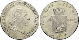 Baden-Durlach. Karl Friedrich 1746-1811. 
10 Kreuzer 1808. Mit Legende CARL FRIEDRICH und mit Laubrand. Wiel. 781, AKS 15. J. 10
sehr selten in dies...