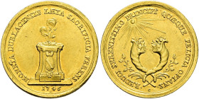 Baden-Durlach. Karl Friedrich 1746-1811. 
Goldmedaille im Gewicht von 2 Dukaten 1746 von W. Schaeffer. Sogen. Glückwunschmedaille der Münzstätte Durl...