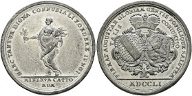 Baden-Durlach. Karl Friedrich 1746-1811. 
Zinnmedaille 1751 von Wiegand und A. Schaeffer, auf seine Vermählung mit Karoline Luise von Hessen. Weiblic...