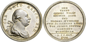 Baden-Durlach. Karl Friedrich 1746-1811. 
Silbermedaille 1796 von Johann Martin Bückle. Gestiftet von der Gemeinde Wössingen zum 50-jährigen Regierun...