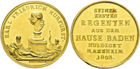 Baden-Durlach. Karl Friedrich 1746-1811. 
Rheingoldmedaille zu 5 Dukaten 1803 von Johann Heinrich Boltschauser, auf die Huldigung der Stadt MANNHEIM....