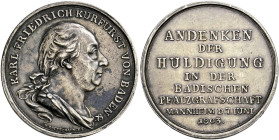 Baden-Durlach. Karl Friedrich 1746-1811. 
Silbermedaille 1803 von J.H. Boltschauser, auf die Huldigung der Pfalzgrafschaft in Mannheim. Büste des Kur...