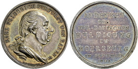 Baden-Durlach. Karl Friedrich 1746-1811. 
Silbermedaille 1803 von J.H. Boltschauser, der Stadt Meersburg - auf die Huldigung zum Kurfürsten. Stempelg...