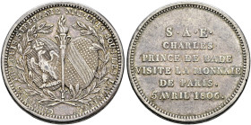 Baden-Durlach. Karl Friedrich 1746-1811. 
Silbermedaille 1806 unsigniert. Geprägt in der Monnaie de Paris auf einem 2 Franc-Schrötling. Auf die Verbi...