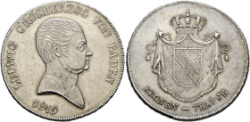 Baden-Durlach. Ludwig 1818-1830. 
Kronentaler 1819 von Doell. Barhäuptige Büste nach rechts / Wappen auf gekröntem Wappenmantel. AKS 52, Kahnt 18, J....