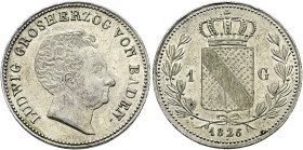 Baden-Durlach. Ludwig 1818-1830. 
Gulden, sogen. Krauskopfgulden 1826. Büste mit zurückgekämmtem Kraushaar nach rechts / Ähnlich wie vorher. AKS 56, ...