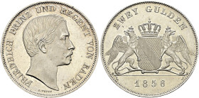 Baden-Durlach. Friedrich I. 1852-1907. 
Doppelgulden 1856 als Prinz und Regent. Jugendlicher Kopf nach rechts / Von zwei Greifen gehaltenes, gekrönte...