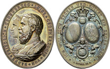 Baden-Durlach. Friedrich I. 1852-1907. 
Hochovale Silbermedaille 1881 von G. Kachel und K. Schwenzer, auf die Silberne Hochzeit am 2. September. Beid...