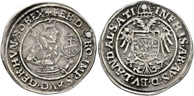 Thann als habsburgische Münzstätte. Kaiser Ferdinand I. 1556-1564. . 
Zehner (= 10 Kreuzer) o.J. (1563). Klemesch S. 70 Abb. 1, E.u.L. 6 (unter Ensis...