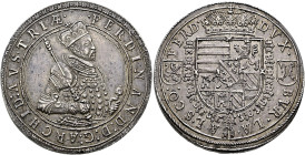 Ensisheim als habsburgische Münzstätte. Erzherzog Ferdinand 1564-1594. . 
Doppeltaler o.J. Harnisch mit Längsstreifen, abwechselnd mit Kugeln und Ros...