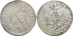 Colmar, Stadt. . 
Guldentaler zu 60 Kreuzer 1571. Stadtwappen, darüber Jahreszahl / Gekrönter Doppeladler, auf der Brust Reichsapfel mit Wertzahl 60 ...