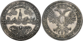Colmar, Stadt. . 
Taler, sogen. Trutztaler 1666. Stadtansicht mit Münster und Festungsanlagen / Gekrönter Doppeladler mit Brustschild, darauf ein Str...
