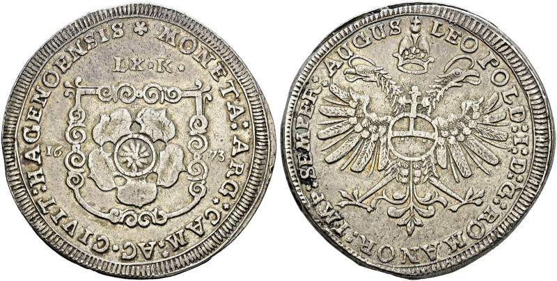 Hagenau, Stadt. . 
Gulden zu 60 Kreuzer 1673. Stadtwappen in verzierter Kartusc...