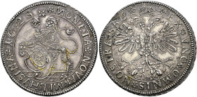 Mülhausen, Stadt. . 
Taler 1623. Aufrechter Löwe mit Stadtschild und Reichsapfel nach links stehend auf einem Boden mit Schachbrettmuster / Gekrönter...