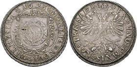 Mülhausen, Stadt. . 
Taler 1623. Reich verzierter, spanischer Stadtschild / Gekrönter Doppeladler. E.u.L. 6, Slg. Voltz 349, Dav. 5588.
feine Patina...