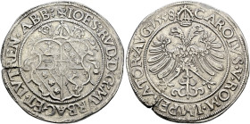 Murbach und Lüders, Abtei. Johann Rudolph Stör von Störenberg 1542-1570. . 
Taler 1558 -St. Amarin-. Quadrierter Wappen­schild, darüber Mitra und zwe...