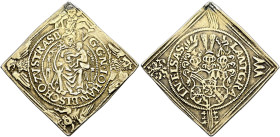 Straßburg, Bistum. Johann Graf von Manderscheid 1569-1592. . 
Klippenförmige, altvergoldete Silbermedaille im 1/4 Talergewicht o.J. Jungfrau Maria mi...