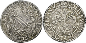 Straßburg, Stadt. . 
Taler o.J. (um 1550). Zwei Löwen mit zurück gewandtem Kopf halten gemeinsam den Stadtschild, darüber eine kleine Lilie / Stadtli...